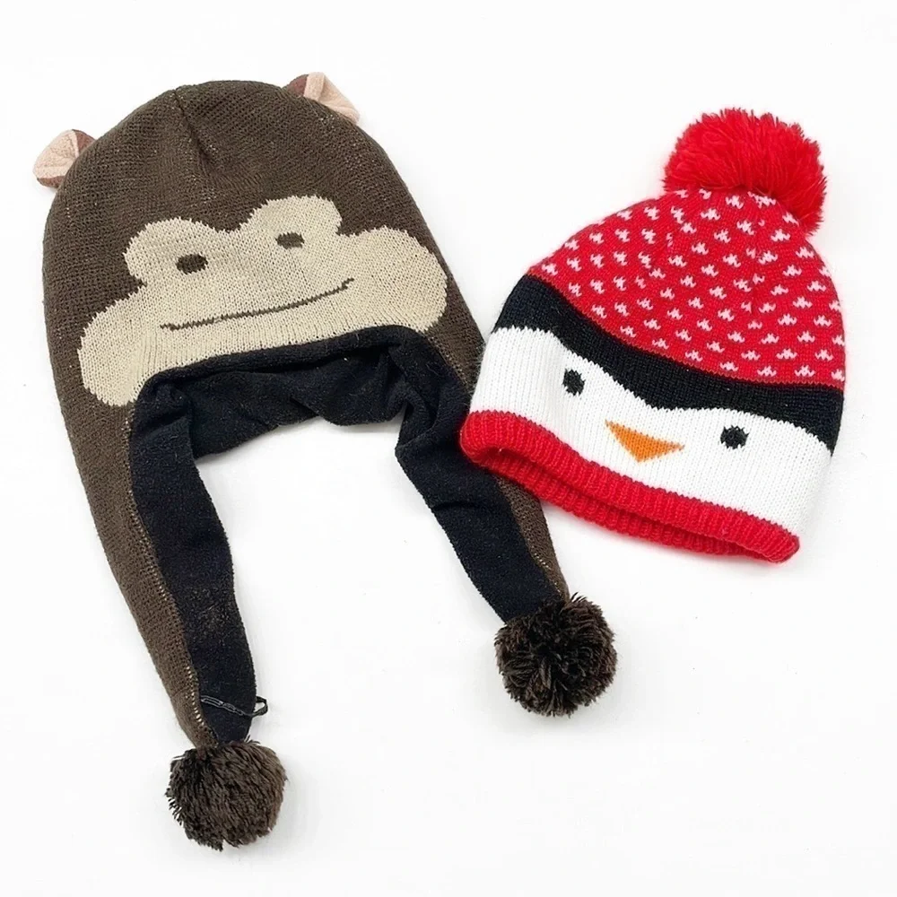 Set of 2 San Diego Zoo Safari Park Monkey & Penguin Pom Pom kids knit beanies